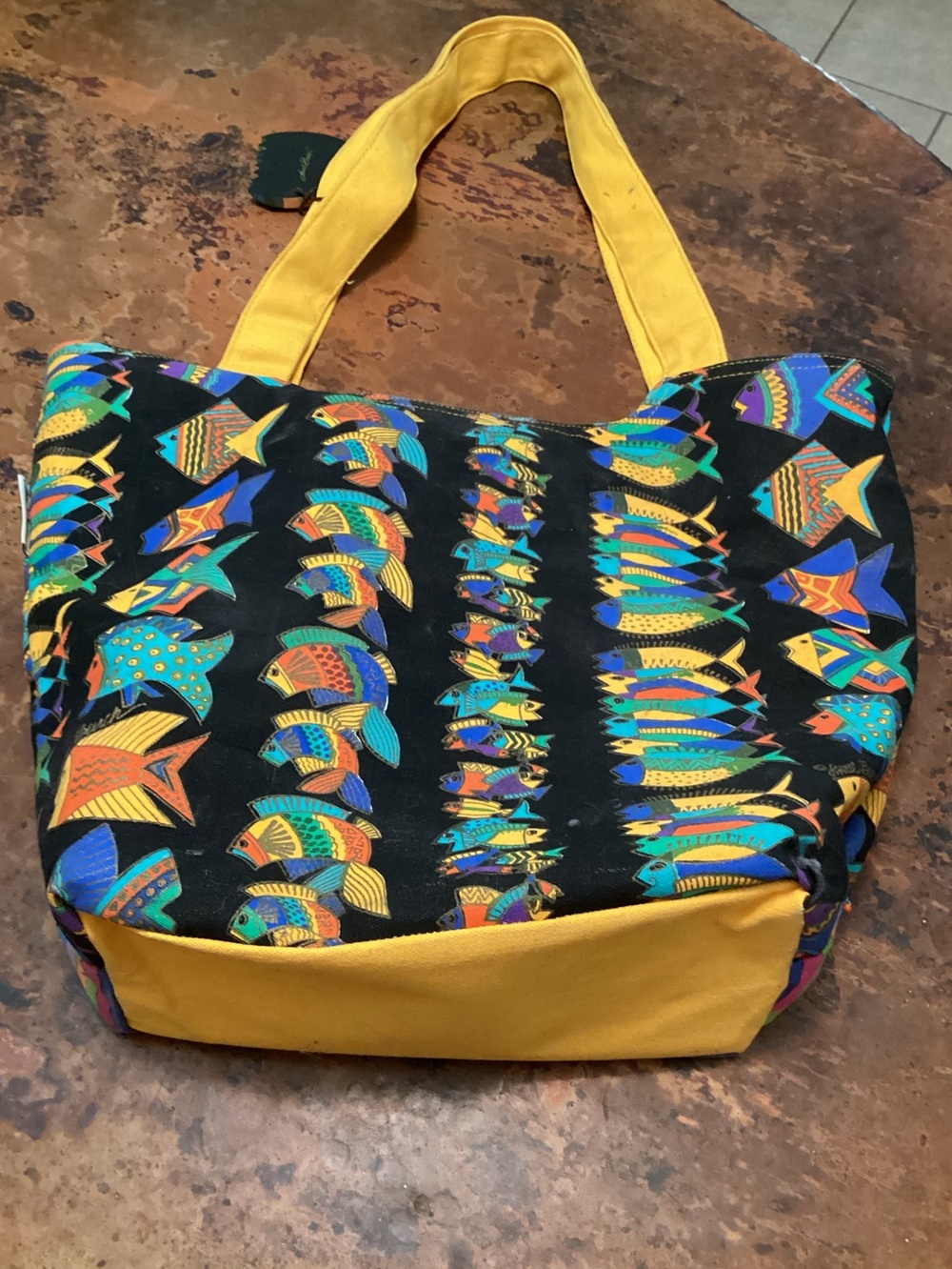 Laurel Burch Black Multicolor Fish Print Tote with Yellow Handles